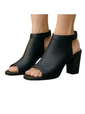 HARLOW Perforated Peep Toe Sling Back Bootie Black Vegan Leather Velcro Strap 9
